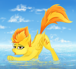 Size: 2000x1800 | Tagged: safe, artist:o0o-bittersweet-o0o, spitfire, pegasus, pony, g4, cloud, face down ass up, female, iwtcird, mare, open mouth, solo, stretching, tongue out, water