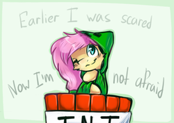Size: 628x444 | Tagged: safe, artist:suplolnope, fluttershy, pony, g4, clothes, cosplay, costume, creepershy, crossover, dialogue, hoodie, minecraft