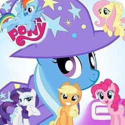 Size: 375x375 | Tagged: safe, edit, gameloft, applejack, fluttershy, pinkie pie, rainbow dash, rarity, trixie, pony, unicorn, g4, my little pony: magic princess, app icon, female, gameloft logo, mare, my little pony logo