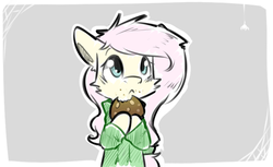Size: 500x306 | Tagged: safe, artist:suplolnope, fluttershy, pony, g4, clothes, cookie, cute, food, hoodie