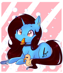 Size: 2200x2527 | Tagged: safe, artist:twily-star, oc, oc only, oc:dess, pony, unicorn, choker, female, food, high res, mare, pizza, prone, rubber duck, solo, sunglasses