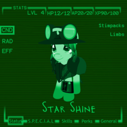 Size: 468x468 | Tagged: safe, artist:fillycaroline, oc, oc only, oc:star shine, pony, fallout equestria, clothes, female, foal, pipboy, second life, solo