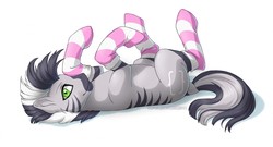 Size: 1280x689 | Tagged: safe, artist:jay-kuro, oc, oc only, oc:zebra north, zebra, clothes, femboy, looking at you, lying, lying down, male, on back, pink socks, smiling, socks, solo, stallion, striped socks, zebra femboy, zebra oc