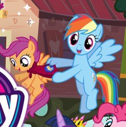 Size: 376x379 | Tagged: safe, gameloft, screencap, pinkie pie, rainbow dash, scootaloo, twilight sparkle, alicorn, earth pony, pegasus, pony, g4, arm hooves, cape, clothes, cmc cape, cropped, cute, cutealoo, dashabetes, duo focus, female, filly, flying, gameloft event: the cutie mark crusade, gameloft is trying to murder us, hoof hands, hoof hold, looking at you, mare, open mouth, thumbs, twilight sparkle (alicorn), wat