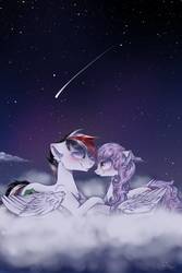 Size: 1000x1500 | Tagged: safe, artist:wacky-skiff, oc, oc only, pegasus, pony, blushing, chest fluff, cloud, ear fluff, female, looking at each other, male, mare, night, night sky, oc x oc, shipping, shooting star, sky, stallion, stars, wing fluff