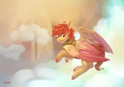 Size: 3507x2480 | Tagged: safe, artist:domidelance, oc, oc only, pony, clothes, cloud, flying, high res, scarf, solo