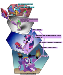 Size: 1024x1218 | Tagged: safe, artist:sneshpone, princess ember, spike, starlight glimmer, twilight sparkle, alicorn, dragon, pony, unicorn, g4, gauntlet of fire, bloodstone scepter, comic, dragon lord spike, funny, simple background, transparent background