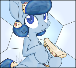 Size: 3036x2737 | Tagged: safe, artist:ando, oc, oc only, oc:heart song, pony, blue, blue eyes, commission, cute, high res, looking at you, lyre, music, musical instrument, sitting