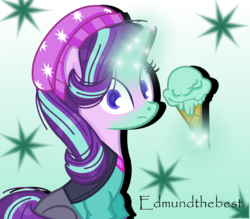 Size: 1024x898 | Tagged: dead source, safe, artist:edmundthebest, starlight glimmer, pony, unicorn, g4, beanie, clothes, female, food, glowing horn, hat, horn, ice cream, looking at you, mare, solo