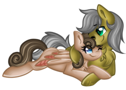 Size: 1120x802 | Tagged: safe, artist:sketchyhowl, oc, oc only, oc:may blossom, oc:quick silver, earth pony, pony, cuddling, female, male, mare, one eye closed, simple background, stallion, transparent background
