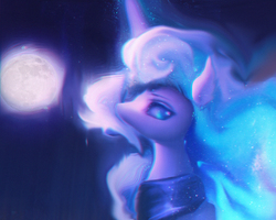 Size: 1259x1008 | Tagged: safe, artist:lmgchikess, princess luna, alicorn, pony, g4, bust, chromatic aberration, color porn, ethereal mane, female, looking back, mare, moon, portrait, solo, space