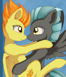 Size: 842x979 | Tagged: safe, artist:dusthiel, spitfire, thunderlane, pegasus, pony, g4, boop, duo, female, firelane, hug, looking at each other, male, mare, noseboop, shipping, stallion, straight