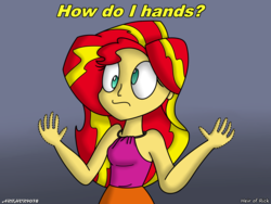 Size: 2133x1600 | Tagged: safe, artist:arthur9078, artist:heir-of-rick, sunset shimmer, equestria girls, g4, clothes, confused, dialogue, female, gradient background, hand, no hooves, sleeveless, solo