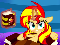 Size: 3830x2895 | Tagged: safe, artist:lovehtf421, sunset shimmer, pony, unicorn, equestria girls, equestria girls specials, g4, my little pony equestria girls: mirror magic, book, female, high res, looking at you, mare, solo