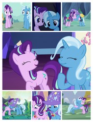 Size: 3106x4096 | Tagged: safe, edit, edited screencap, screencap, starlight glimmer, trixie, pony, unicorn, all bottled up, celestial advice, g4, no second prances, to where and back again, clothes, collage, cropped, cute, equestrian pink heart of courage, female, hat, high res, mare, trixie's hat, wizard hat