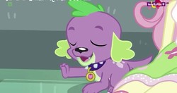 Size: 854x452 | Tagged: safe, screencap, fluttershy, spike, spike the regular dog, dog, equestria girls, equestria girls specials, g4, my little pony equestria girls: dance magic, eyes closed, open mouth, teletoon