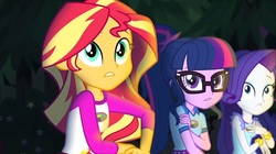 Size: 1100x618 | Tagged: safe, screencap, rarity, sci-twi, sunset shimmer, twilight sparkle, equestria girls, g4, my little pony equestria girls: legend of everfree, female, glasses, trio