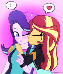 Size: 800x939 | Tagged: safe, artist:cbear624, starlight glimmer, sunset shimmer, equestria girls, equestria girls specials, g4, my little pony equestria girls: mirror magic, beanie, blushing, clothes, exclamation point, eyes closed, female, hat, heart, hug, jacket, kissing, leather jacket, lesbian, one eye closed, ship:shimmerglimmer, shipping
