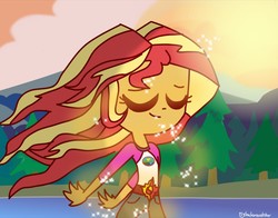 Size: 1274x1000 | Tagged: safe, artist:psychodiamondstar, sunset shimmer, equestria girls, g4, my little pony equestria girls: legend of everfree, camp everfree outfits, clothes, commission, embrace the magic, eyes closed, female, lake, morning, scenery, solo, sun, sunshine shimmer, tree