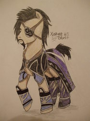 Size: 2472x3296 | Tagged: safe, artist:kittykitsune13, pony, armor, dynasty warriors, eyepatch, high res, ponified, solo, traditional art, xiahou dun