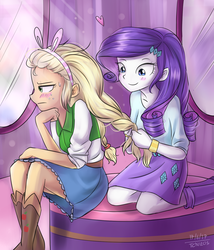 Size: 1360x1590 | Tagged: source needed, safe, artist:tcn1205, applejack, rarity, human, equestria girls, g4, alternate hairstyle, apple, applejack is not amused, blushing, boots, bracelet, braiding, bunny ears, clothes, cowboy boots, denim skirt, female, forced makeover, frown, hair, heart, humanized, jewelry, lesbian, mirror, pony coloring, ship:rarijack, shipping, skirt, smiling, tsundere, tsunjack, unamused