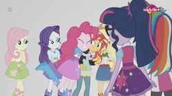 Size: 1136x638 | Tagged: safe, screencap, applejack, fluttershy, pinkie pie, rainbow dash, rarity, sci-twi, sunset shimmer, twilight sparkle, equestria girls, equestria girls specials, g4, my little pony equestria girls: mirror magic, clothes, crossed arms, eyes closed, female, geode of shielding, geode of super strength, glasses, hug, humane seven, limbo, magical geodes, mirror world, pendant, ponytail, raised leg, sci-twi outfits, simple background, smiling, teletoon, white background