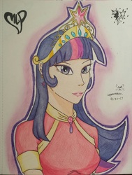 Size: 973x1285 | Tagged: safe, artist:emichaca, twilight sparkle, human, g4, big crown thingy, clothes, crown, female, humanized, jewelry, looking at you, regalia, solo, traditional art