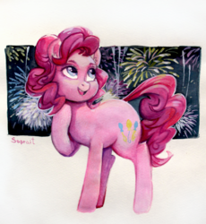 Size: 1260x1370 | Tagged: safe, artist:sapraitlond, pinkie pie, earth pony, pony, g4, alternate hairstyle, female, fireworks, mare, raised hoof, solo, traditional art