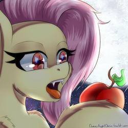Size: 2000x2000 | Tagged: safe, artist:chaosangeldesu, fluttershy, bat pony, pony, g4, apple, bust, fangs, female, flutterbat, food, full moon, high res, hoof hold, looking at something, mare, moon, open mouth, portrait, race swap, red eyes, solo