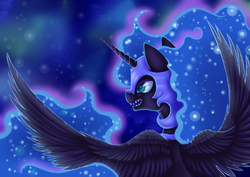 Size: 1224x867 | Tagged: safe, artist:ellen124, nightmare moon, alicorn, pony, g4, female, flying, frown, open mouth, sharp teeth, solo, teeth