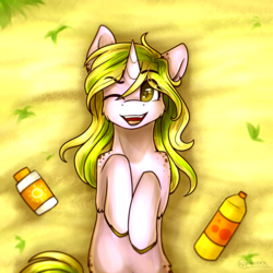 Size: 1024x1024 | Tagged: safe, artist:jazzerix, oc, oc only, pony, unicorn, beach, bottle, looking at you, on back, one eye closed, sand, smiling, soda, solo, sunscreen, unshorn fetlocks, wink