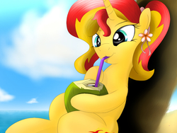 Size: 1024x768 | Tagged: safe, artist:fotasy, sunset shimmer, pony, unicorn, g4, against tree, coconut, coconut cup, cute, drinking, female, food, herbivore, mare, sipping, solo, straw, tree