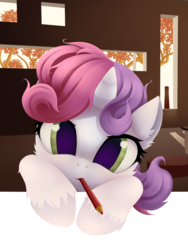 Size: 1000x1333 | Tagged: safe, artist:rainbow, sweetie belle, pony, unicorn, g4, cheek fluff, colored pupils, cute, diasweetes, ear fluff, female, filly, fluffy, looking at you, mouth hold, pencil, solo, unshorn fetlocks