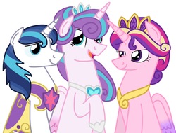 Size: 1962x1489 | Tagged: safe, artist:kindheart525, princess cadance, princess flurry heart, shining armor, alicorn, pony, unicorn, kindverse, g4, alternate hairstyle, female, jewelry, male, mare, older, older flurry heart, regalia, stallion