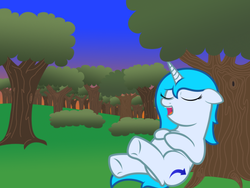 Size: 500x375 | Tagged: safe, artist:darthlucario, oc, oc only, oc:crescendo, pony, unicorn, forest, macro, post-vore, tree