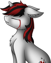 Size: 4000x4978 | Tagged: safe, artist:starlessnight22, oc, oc only, oc:blackjack, pony, unicorn, fallout equestria, fallout equestria: project horizons, absurd resolution, bleeding, blood, chest fluff, crying, ear fluff, eyes closed, simple background, sitting, solo, tears of blood, transparent background, vector