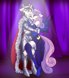 Size: 1500x1700 | Tagged: safe, artist:fur-what-loo, king sombra, princess luna, sweetie belle, oc, oc:balor, unicorn, anthro, unguligrade anthro, g4, anthro oc, canon x oc, clothes, commission, costume, dancer, dress, eyeshadow, female, floppy ears, looking at each other, looking at someone, makeup, male, mare, older, older sweetie belle, ship:lumbra, shipping, singing, smiling, stage, stallion, straight