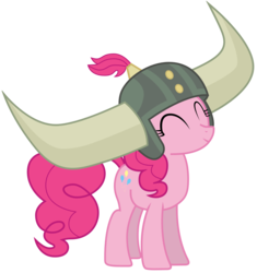 Size: 1659x1766 | Tagged: safe, artist:sonofaskywalker, pinkie pie, pony, not asking for trouble, cute, diapinkes, female, helmet, honorary yak horns, horned helmet, mare, simple background, smiling, solo, transparent background, vector, viking helmet