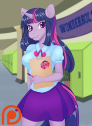 Size: 687x942 | Tagged: safe, artist:glor666, twilight sparkle, unicorn, anthro, equestria girls, g4, clipboard, clothes, dress, female, hoers, mare, patreon, patreon logo, solo