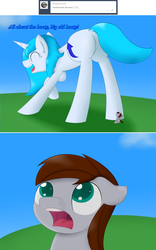 Size: 1280x2050 | Tagged: safe, artist:hartenas, oc, oc only, oc:crescendo, oc:flower pot, pony, ask, butt, duo, female, jaw drop, macro, mare, plot, size difference, tumblr