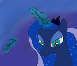 Size: 2100x1800 | Tagged: safe, artist:ononim, princess luna, alicorn, pony, g4, annoyed, bags under eyes, coffee, crown, female, frown, gradient background, instant coffee, jewelry, luna is not amused, magic, mare, regalia, solo, unamused