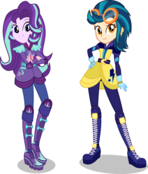 Size: 6369x7500 | Tagged: safe, artist:limedazzle, indigo zap, starlight glimmer, equestria girls, g4, my little pony equestria girls: friendship games, absurd resolution, alternate hairstyle, alternate universe, boots, clothes, crossed arms, duo, duo female, ear piercing, earring, female, gloves, goggles, jewelry, piercing, shoes, show accurate, simple background, smiling, transparent background, vector