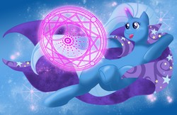 Size: 1280x828 | Tagged: safe, artist:nytewell, trixie, pony, unicorn, g4, female, magic, magic circle, mare, open mouth, smiling, solo, sparkles