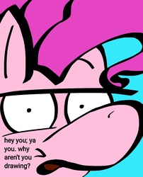 Size: 968x1200 | Tagged: safe, artist:justanotherponyartblog, pinkie pie, earth pony, pony, g4, dialogue, food, looking at you, random, silly, simple, super serious, talking to viewer