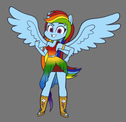 Size: 2057x2000 | Tagged: safe, artist:khuzang, rainbow dash, equestria girls, g4, clenched fist, clothes, commission, dress, female, gray background, hand on hip, high res, looking at you, ponied up, simple background, skirt, smiling, solo, spread wings, wings
