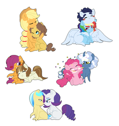 Size: 3507x3700 | Tagged: safe, artist:marukouhai, applejack, caramel, featherweight, ivory, ivory rook, pinkie pie, pokey pierce, rainbow dash, rarity, scootaloo, soarin', kirin, pegasus, pony, unicorn, g4, chibi, confetti, curved horn, engrish, engrish in the description, female, high res, horn, ivority, male, party horn, prone, ship:carajack, ship:pokeypie, ship:scootaweight, ship:soarindash, shipping, simple background, sitting, straight, white background