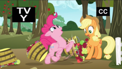 Size: 1920x1080 | Tagged: safe, screencap, applejack, pinkie pie, pony, g4, not asking for trouble, apple, food