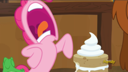 Size: 1920x1080 | Tagged: safe, screencap, gummy, pinkie pie, prince rutherford, pony, g4, not asking for trouble, cake, discovery family logo, food, open mouth, volumetric mouth