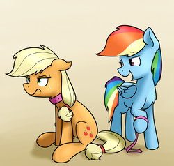 Size: 2100x2000 | Tagged: safe, artist:alexi148, applejack, rainbow dash, pony, g4, collar, duo, female, high res, leash, missing accessory, pet play