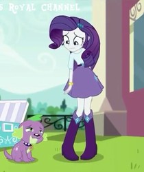 Size: 403x480 | Tagged: safe, screencap, rarity, spike, spike the regular dog, dog, equestria girls, equestria girls specials, g4, my little pony equestria girls: dance magic, boots, clothes, cropped, female, high heel boots, looking down, looking up, male, shoes, skirt